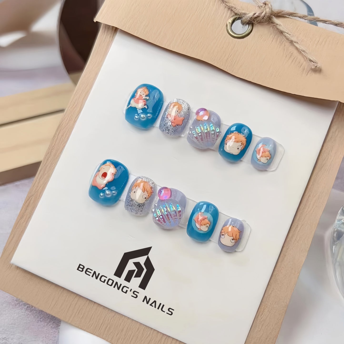 Ponyo Blue Wave Handmade Press-On Nails – Adorable Seashell Accents | Removable and Reusable | Free Tool Kit Included