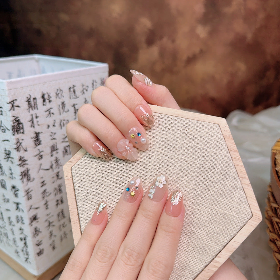 Blossom Oval – Hand-Sculpted Floral Handmade Press-On Nails | Removable and Reusable | Free Tool Kit Included