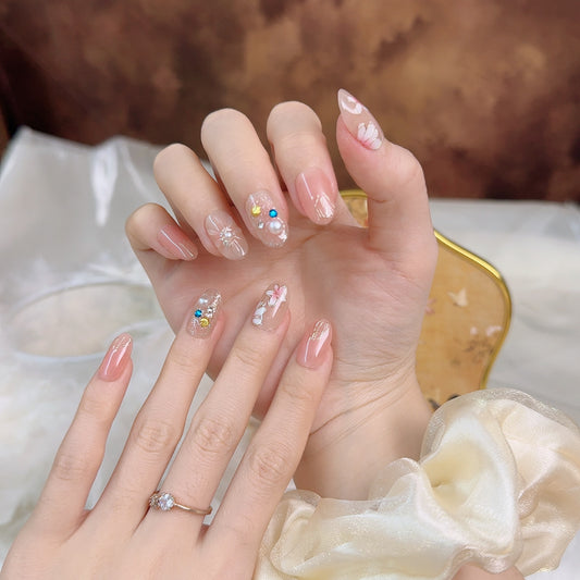 Blossom Oval – Hand-Sculpted Floral  Handmade Press-On Nails | Removable and Reusable | Free Tool Kit Included