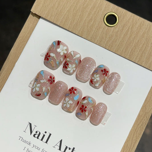 Ultra-Short Square Red Enamel Cloisonné Art Press-On Nails – Handmade Press-On Nails | Removable and Reusable | Free Tool Kit Included