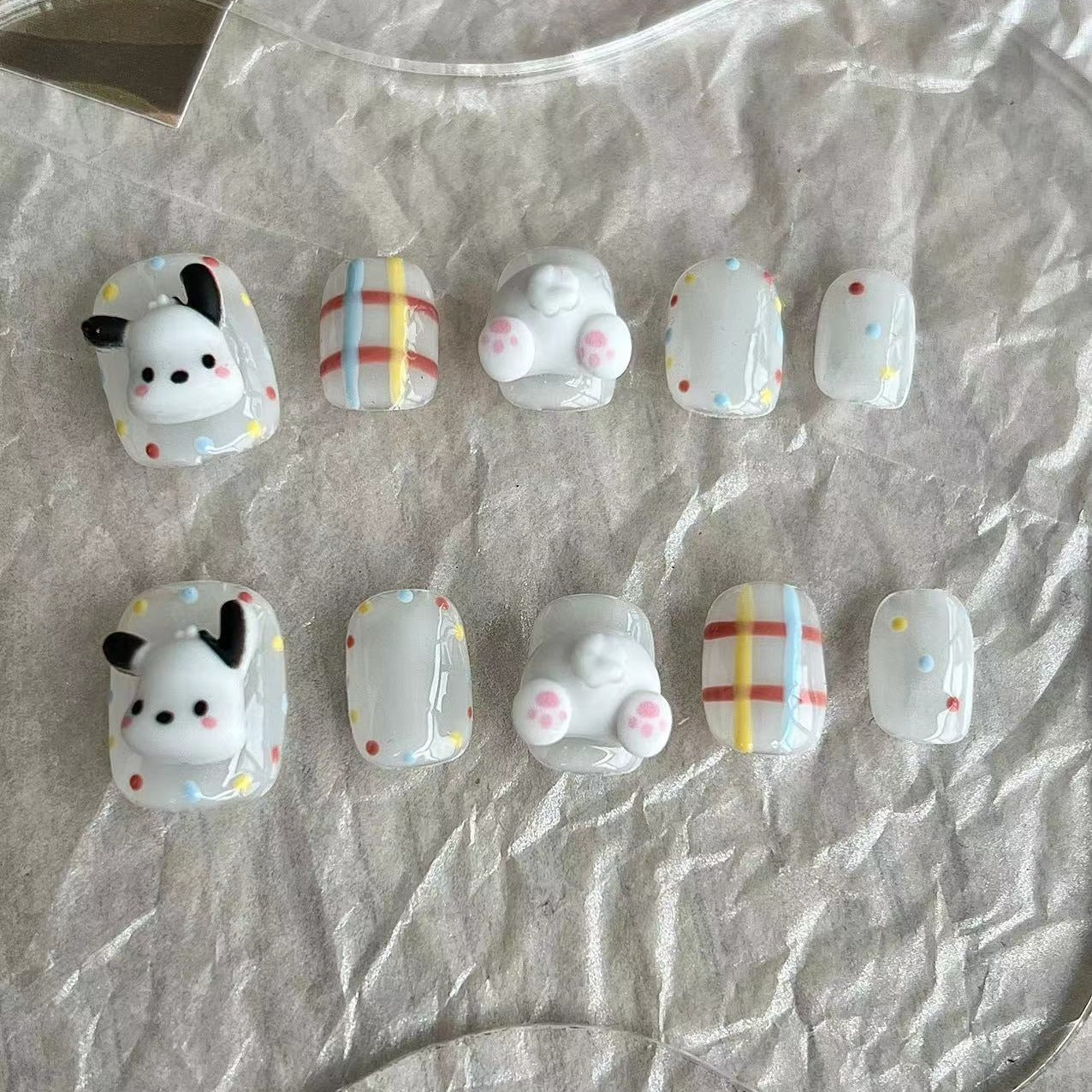 Short Square 3D Cute Pochacco Handmade Press-On Nails | Detachable and Reusable | Free Toolkit Included