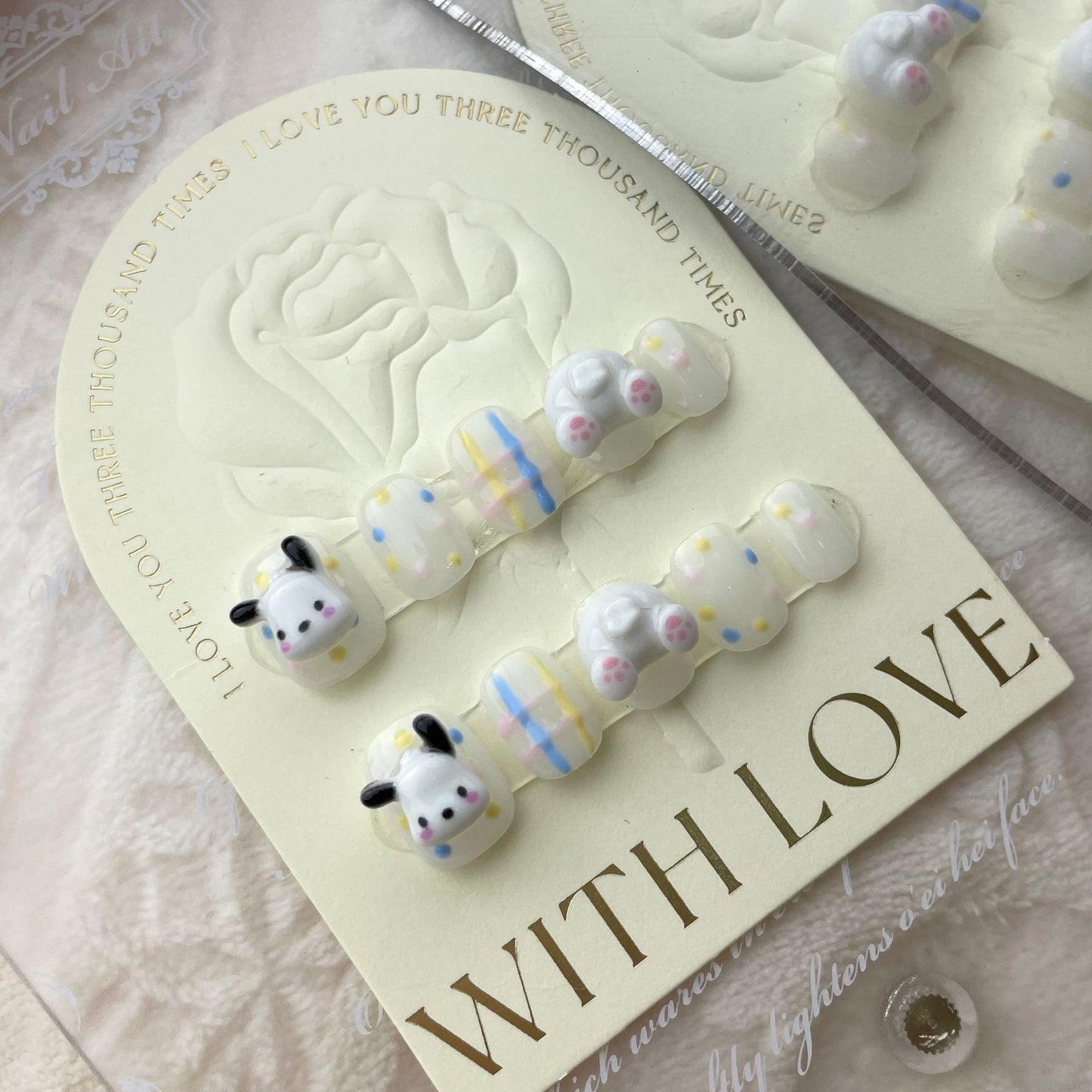 Short Square 3D Cute Pochacco Handmade Press-On Nails | Detachable and Reusable | Free Toolkit Included