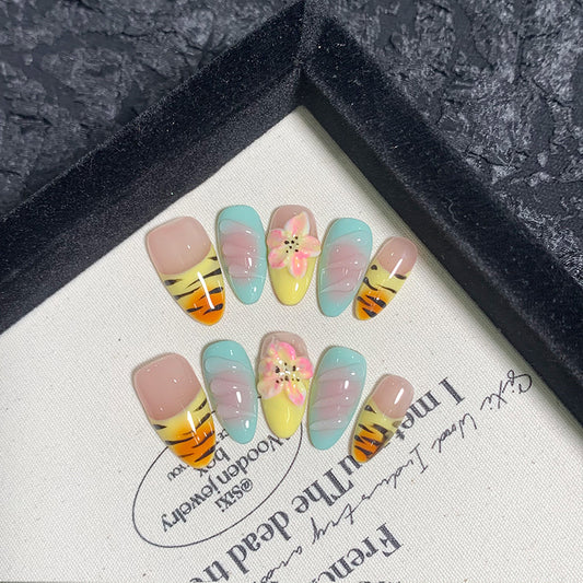 Medium Almond Multicolored & Devil's Flower Handmade Press-On Nails | Removable and Reusable | Free Tool Kit Included