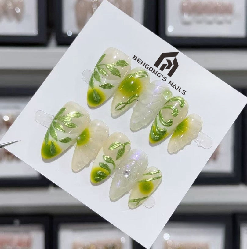 Medium Almond Hand-Painted Christmas Green Handmade Press-On Nails | Removable & Reusable with Free Tool Kit