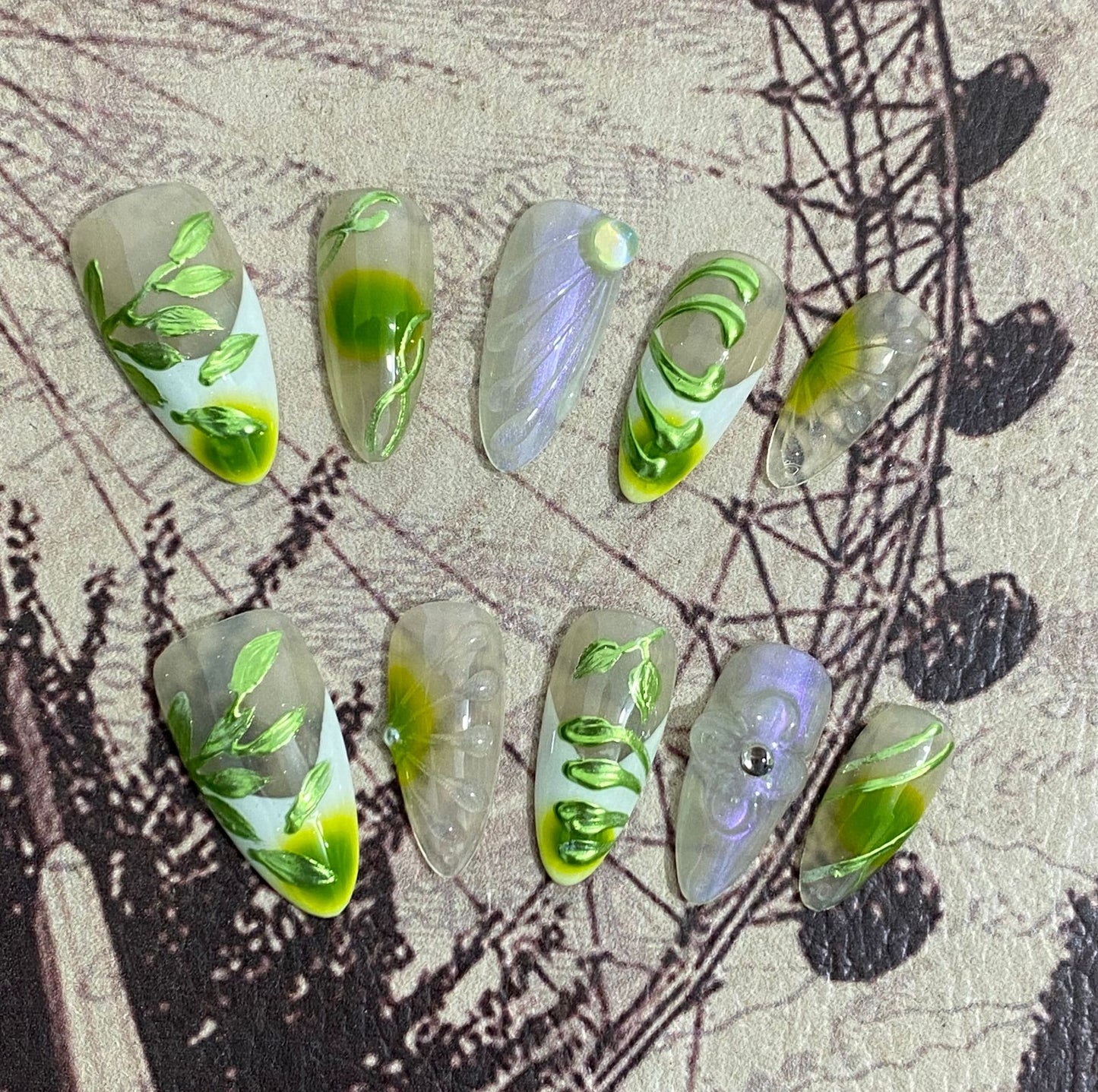 Medium Almond Hand-Painted Christmas Green Handmade Press-On Nails | Removable & Reusable with Free Tool Kit