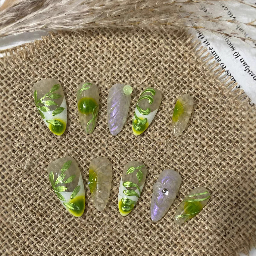 Medium Almond Hand-Painted Christmas Green Handmade Press-On Nails | Removable & Reusable with Free Tool Kit