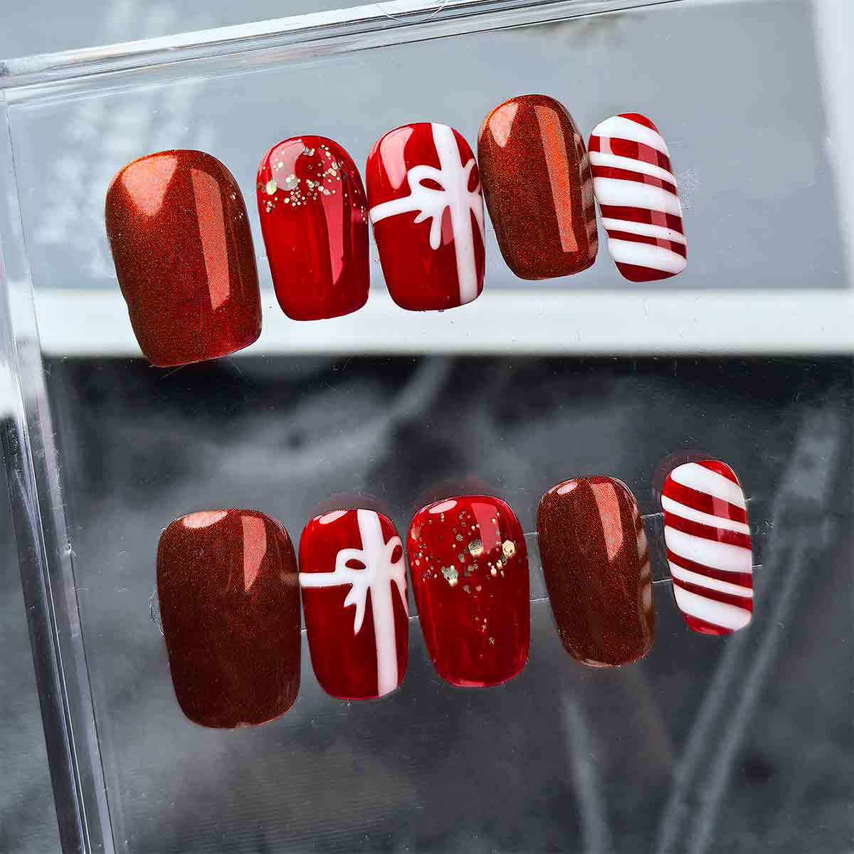 2 Shapes Red Nails & Sweet Christmas Gifts | Handmade Press-On Nails | Removable & Reusable with Free Tool Kit