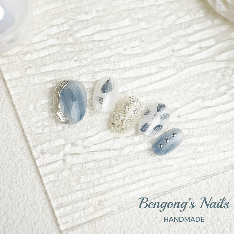 Misty Blue Rose – Watercolor Handmade Press-On Nails | Removable and Reusable | Free Tool Kit Included