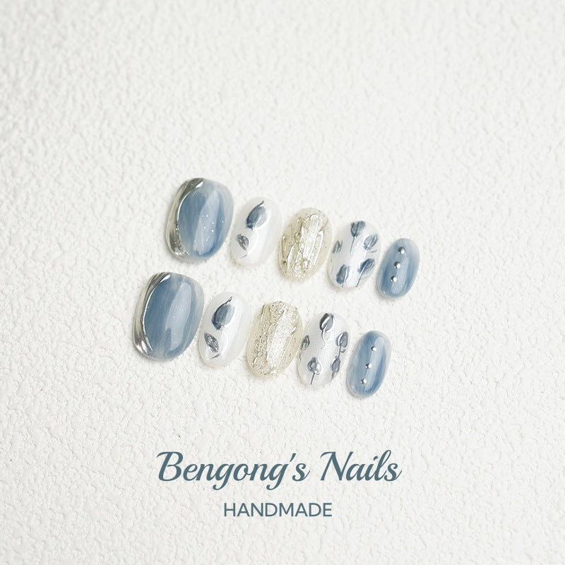 Misty Blue Rose – Watercolor Handmade Press-On Nails | Removable and Reusable | Free Tool Kit Included