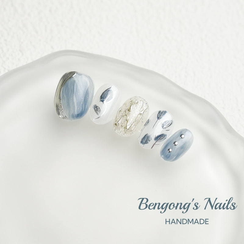 Misty Blue Rose – Watercolor Handmade Press-On Nails | Removable and Reusable | Free Tool Kit Included