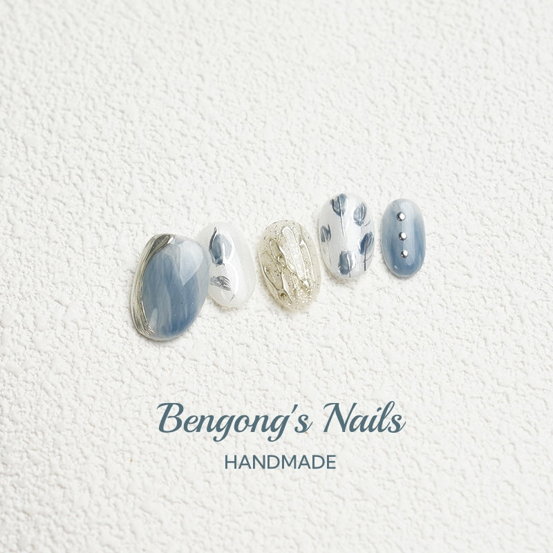 Misty Blue Rose – Watercolor Handmade Press-On Nails | Removable and Reusable | Free Tool Kit Included