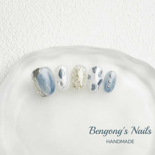 Misty Blue Rose – Watercolor Handmade Press-On Nails | Removable and Reusable | Free Tool Kit Included