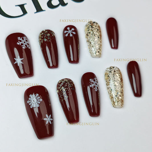 Long Coffin Cherry Red Nails with Hand-Painted Snowflakes |  Handmade Press-On Nails | Removable & Reusable with Free Tool Kit
