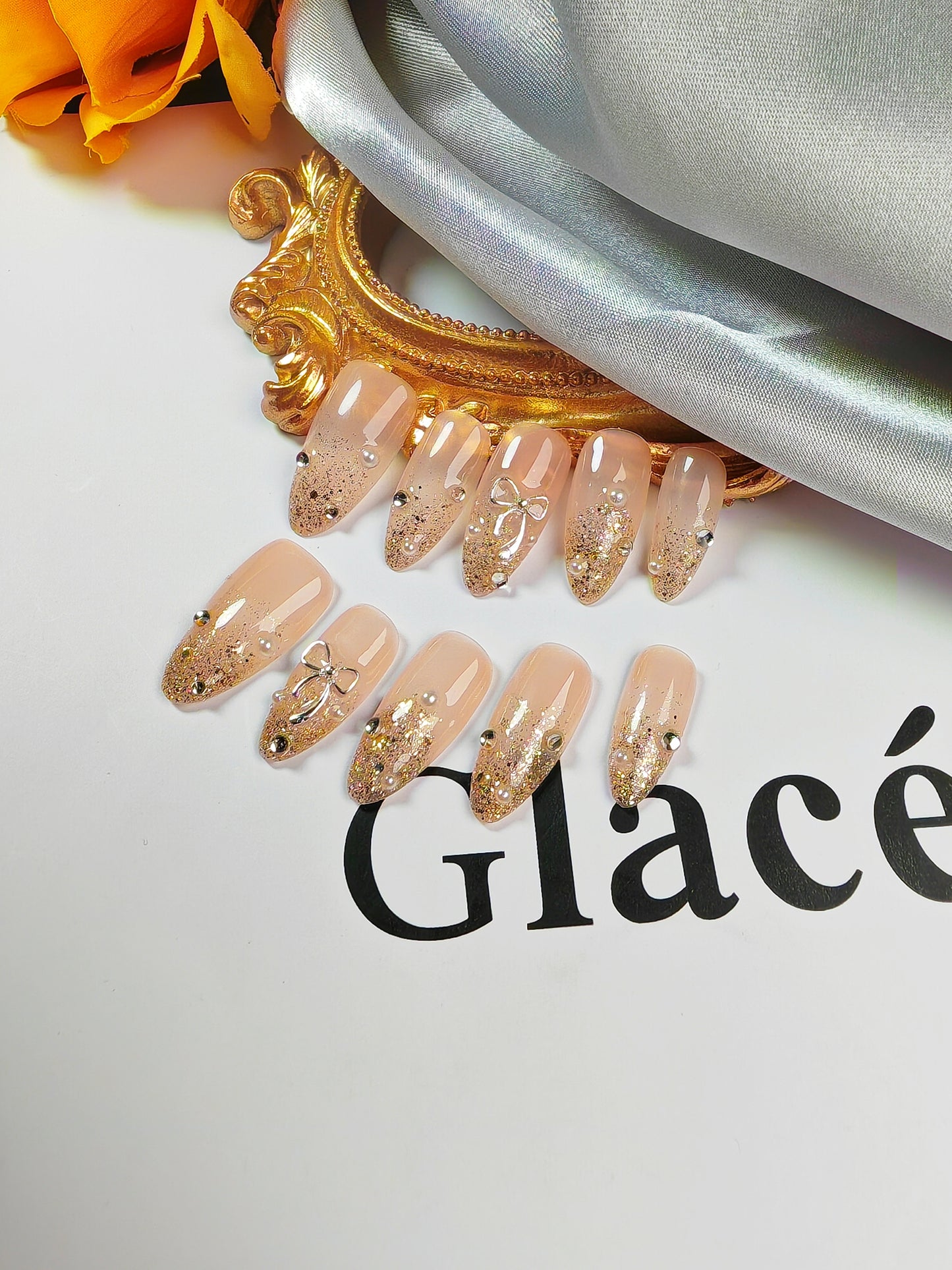 2 Shapes Gold Gradient & Cute Bow Handmade Press-On Nails | Removable and Reusable | Free Tool Kit Included