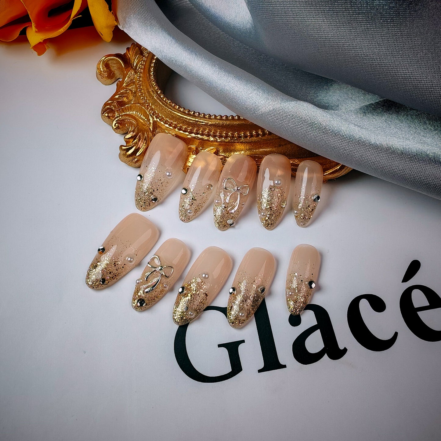 2 Shapes Gold Gradient & Cute Bow Handmade Press-On Nails | Removable and Reusable | Free Tool Kit Included