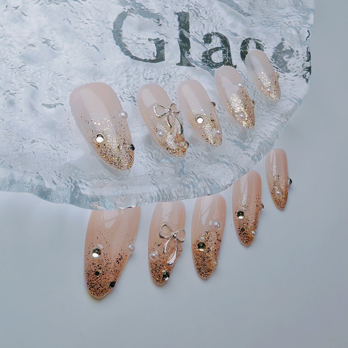 2 Shapes Gold Gradient & Cute Bow Handmade Press-On Nails | Removable and Reusable | Free Tool Kit Included