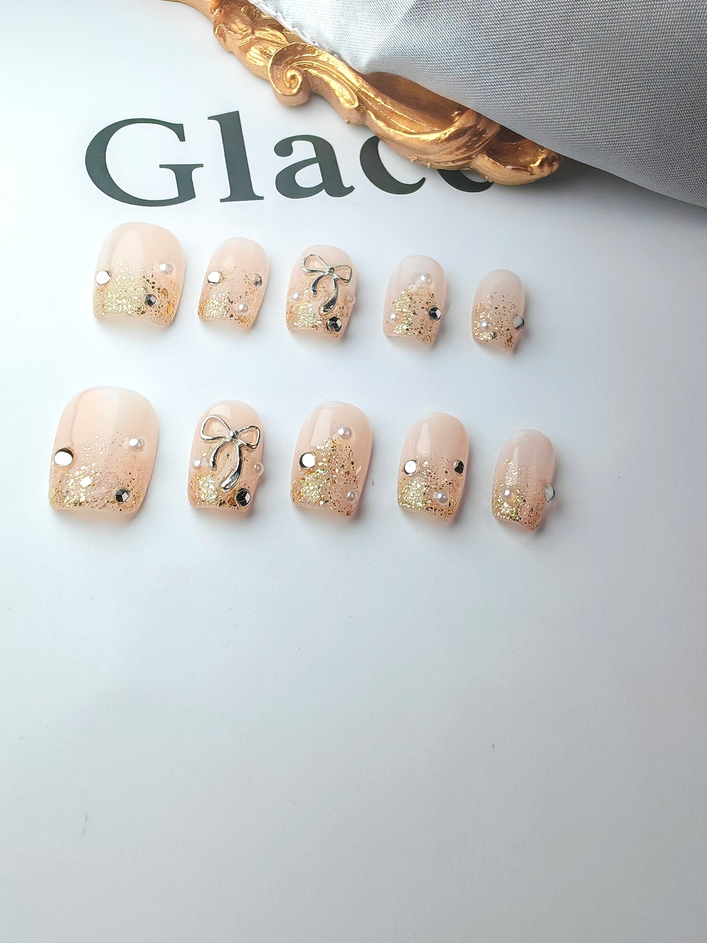 2 Shapes Gold Gradient & Cute Bow Handmade Press-On Nails | Removable and Reusable | Free Tool Kit Included