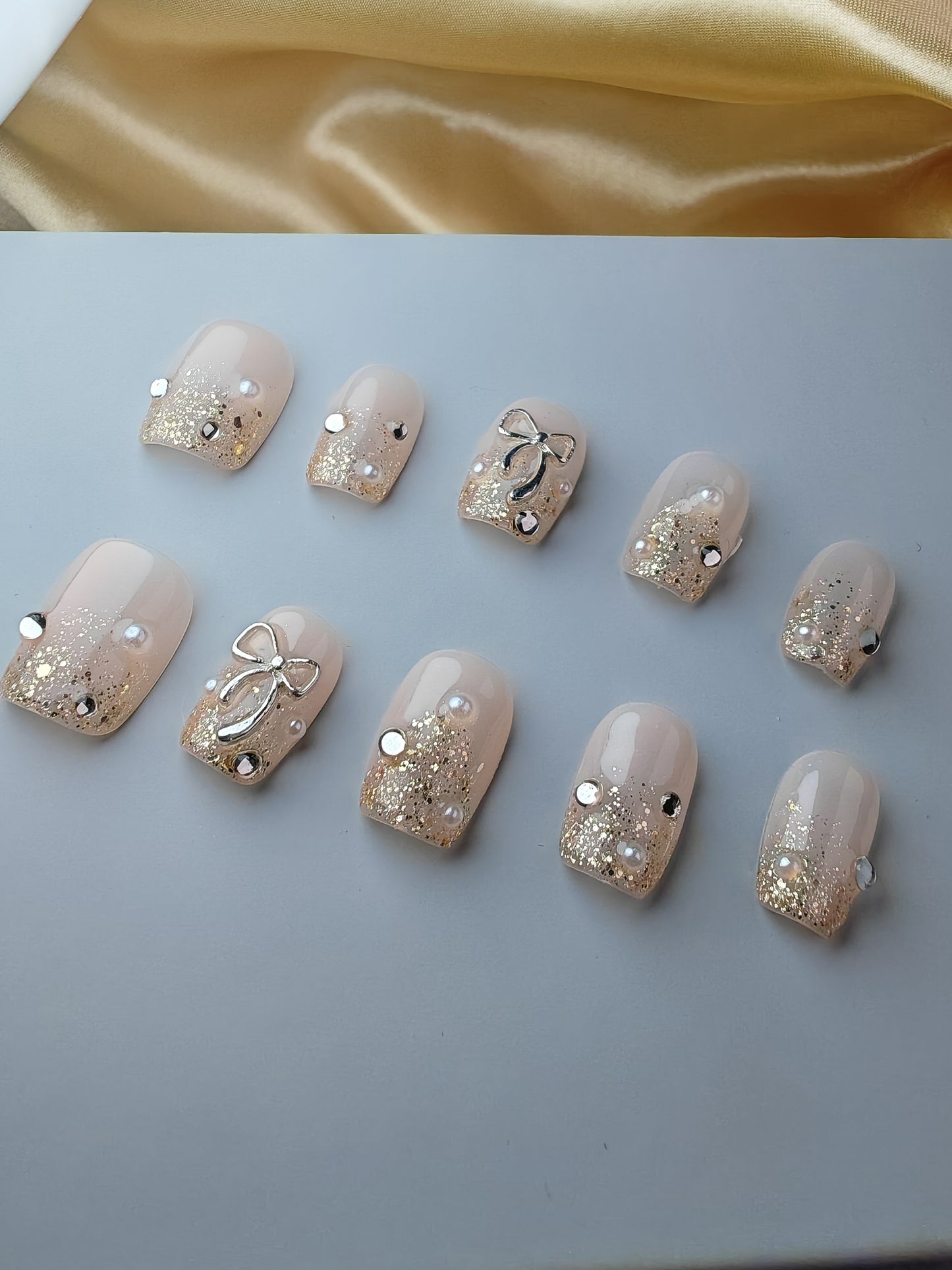 2 Shapes Gold Gradient & Cute Bow Handmade Press-On Nails | Removable and Reusable | Free Tool Kit Included