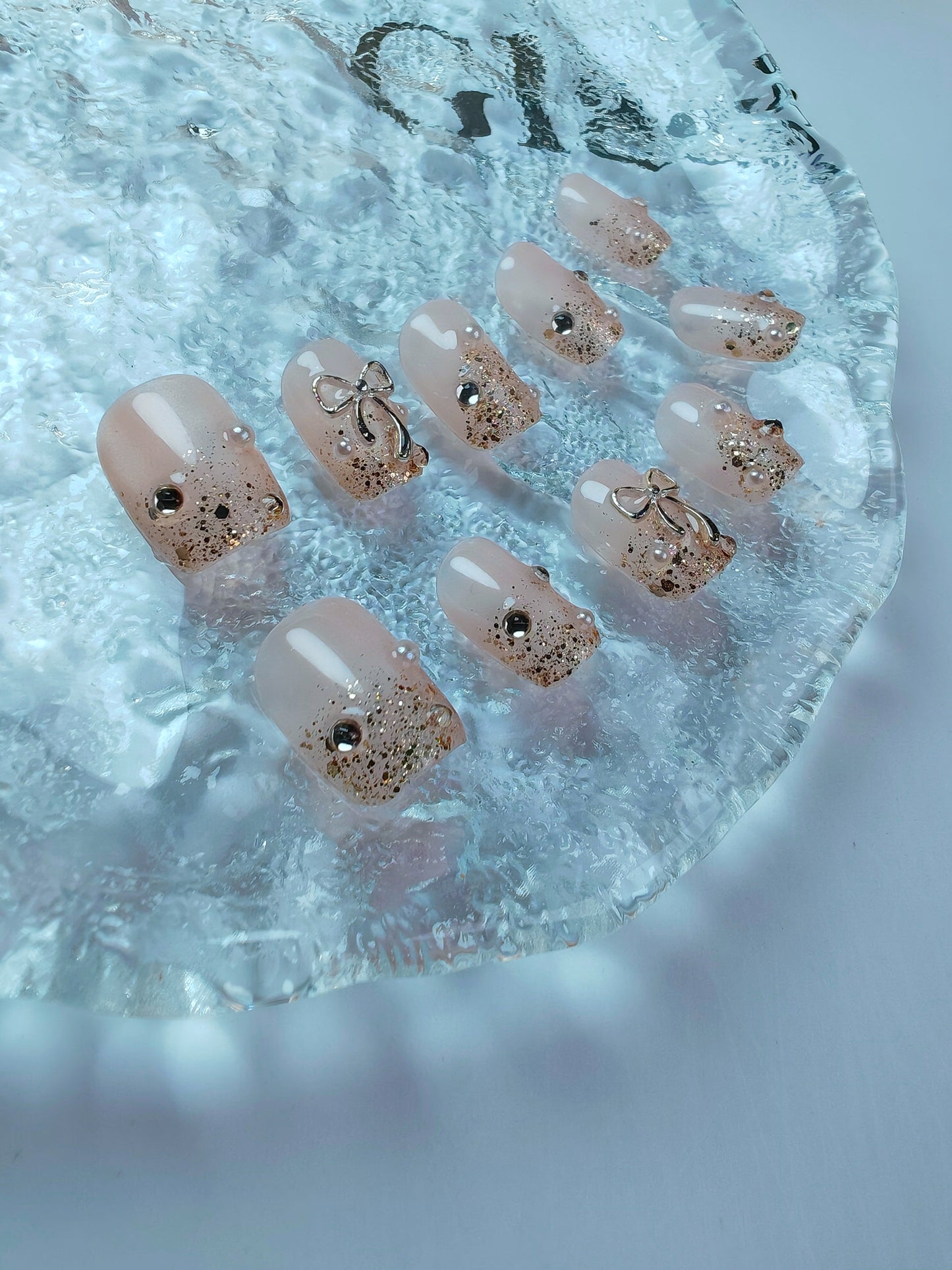 2 Shapes Gold Gradient & Cute Bow Handmade Press-On Nails | Removable and Reusable | Free Tool Kit Included