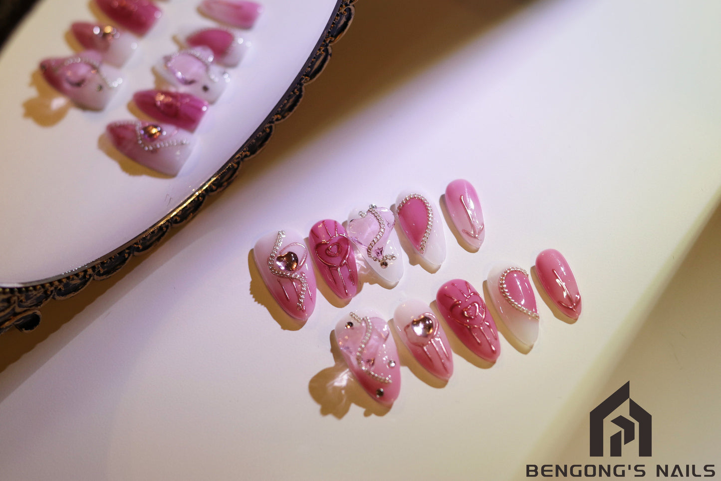 Glitter Press On Nails|Pink Melting Heart Press on Nails with Chain|kawaii nails relief oil painting nails|Free Tool Kit Set Included