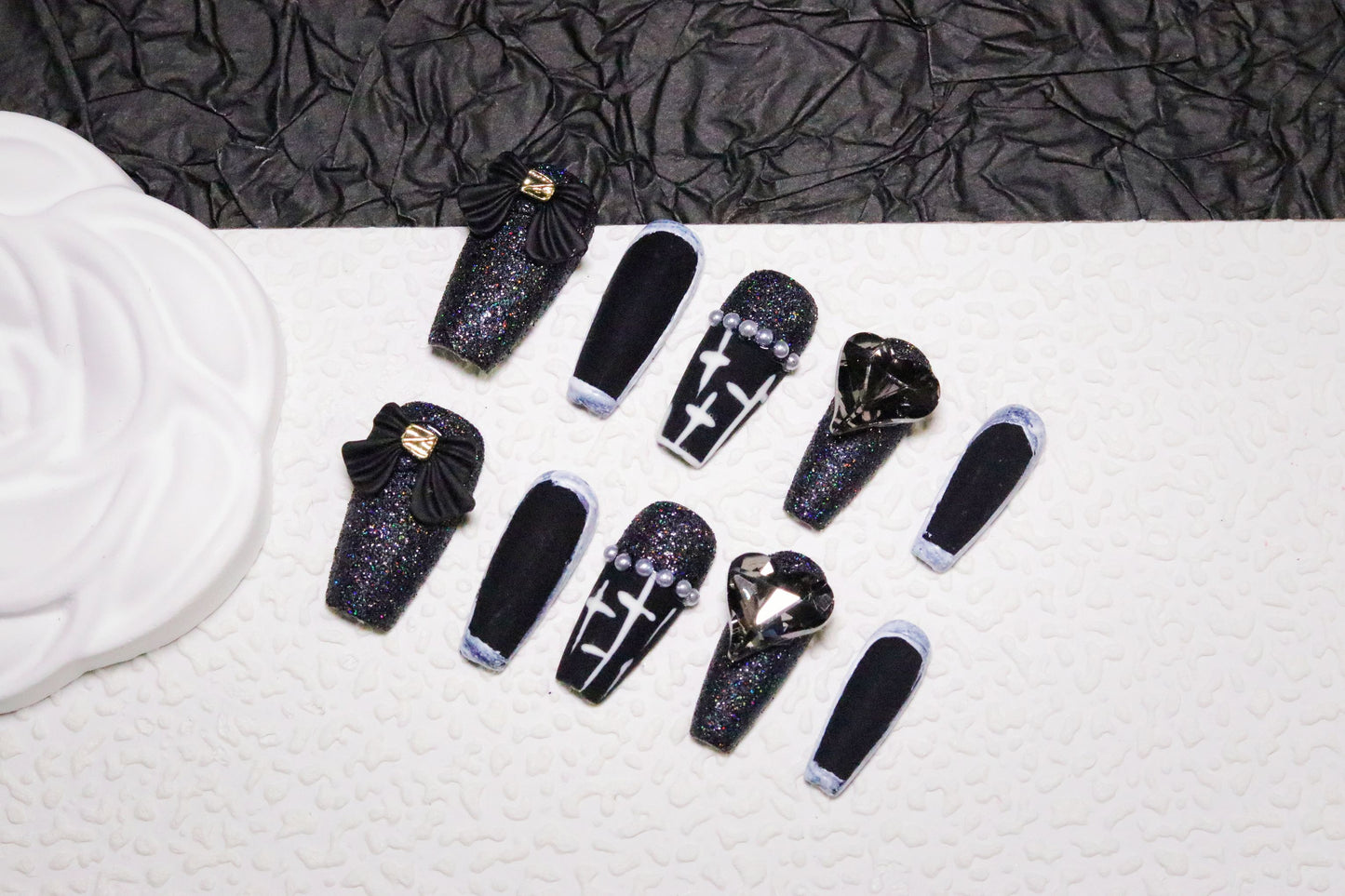 Black Heart Diamond Bow Press On Nails| Perfect for the Elegant and Sophisticated Woman&Girl|Free Tool Kit Set Included