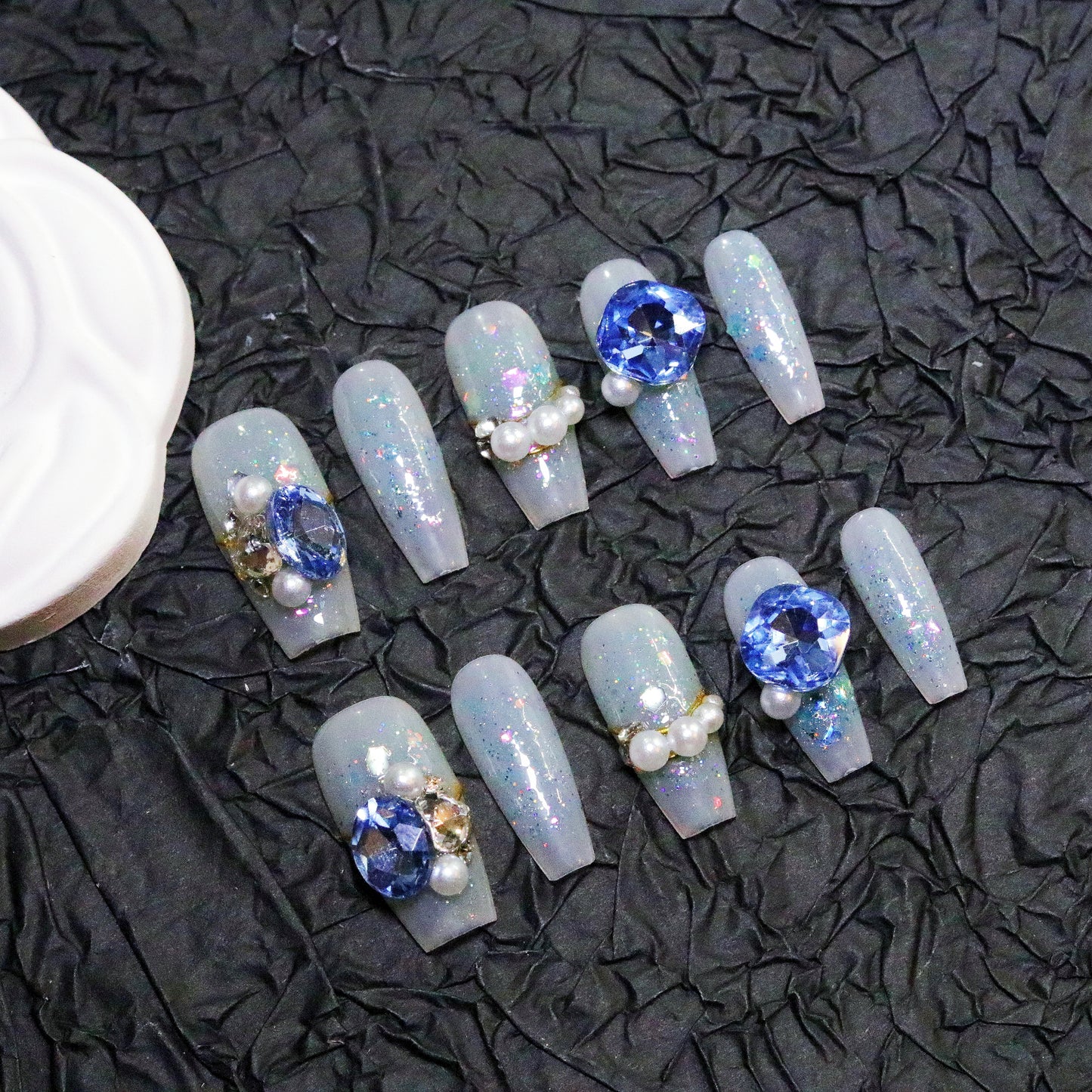 Clear Blue Diamonds & Pearls Combination | Gentle Yet Imposing Handmade Press On Nails|Free Tool Kit Set Included