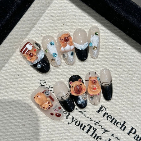 2 Colors Medium Oval Festive Capybara Nails with Hand-Painted & Cat Eye French Design | Handmade Press-On Nails | Removable & Reusable with Free Tool Kit