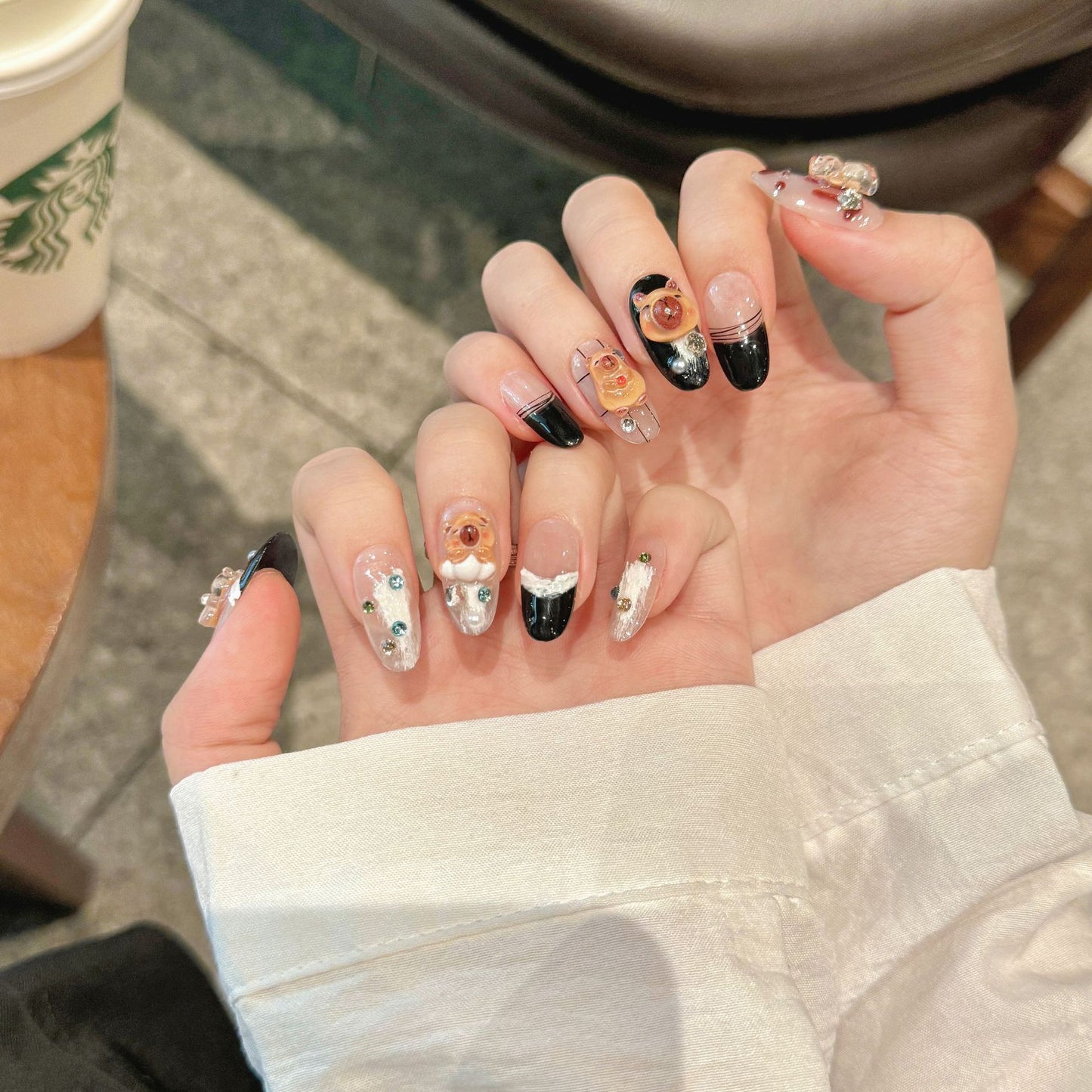 2 Colors Medium Oval Festive Capybara Nails with Hand-Painted & Cat Eye French Design | Handmade Press-On Nails | Removable & Reusable with Free Tool Kit