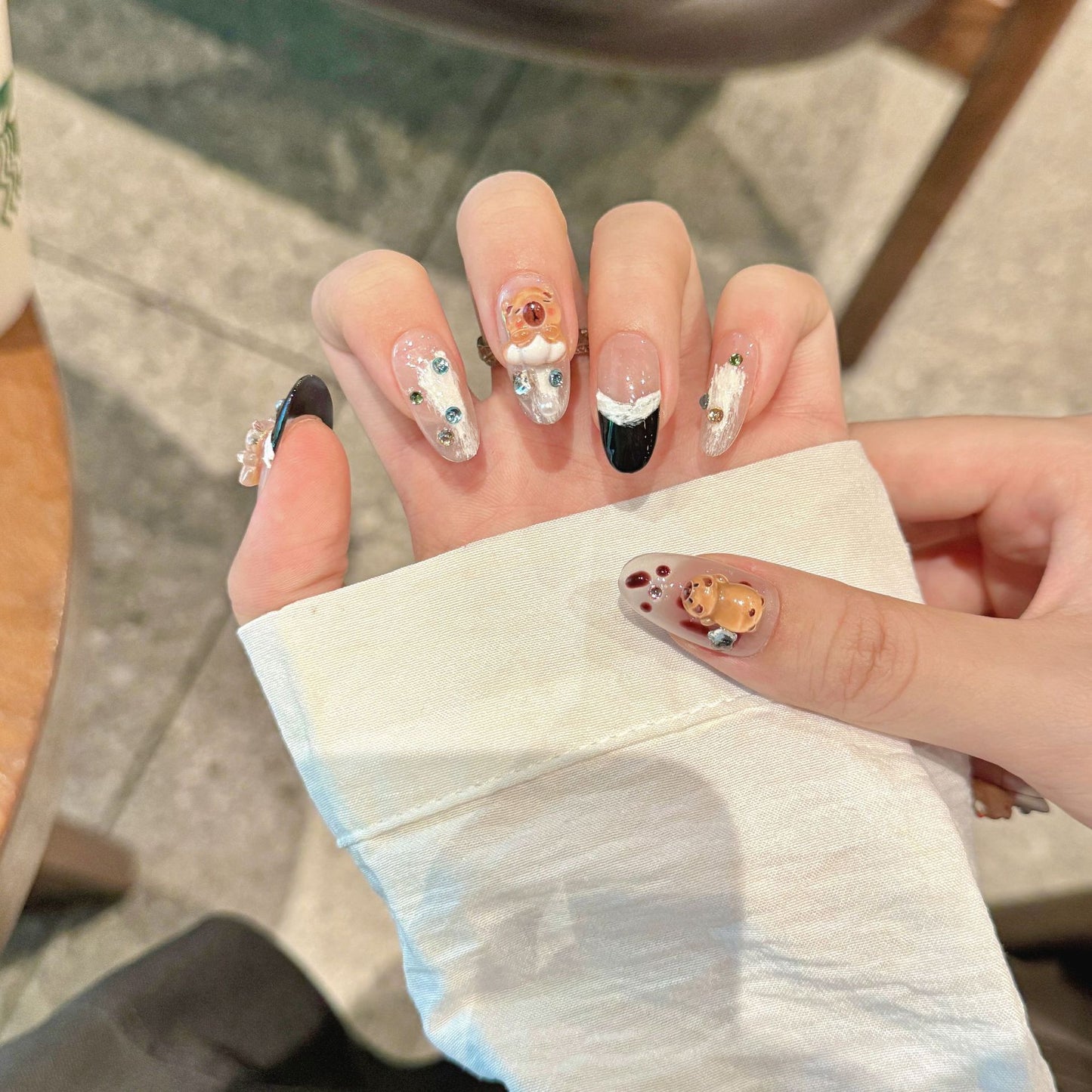 2 Colors Medium Oval Festive Capybara Nails with Hand-Painted & Cat Eye French Design | Handmade Press-On Nails | Removable & Reusable with Free Tool Kit