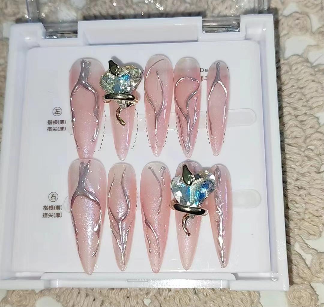 Metallic Magic Mirror Powder 3D Line Press On Nails | Long Pointed Golden Snake Handcrafted Nails|Free Tool Kit Set Included