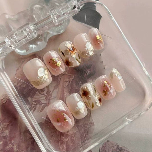 Ultra-Short Round Square Spring-Themed Hand-Painted Floral Handmade Press-On Nails| Removable and Reusable | Free Tool Kit Included