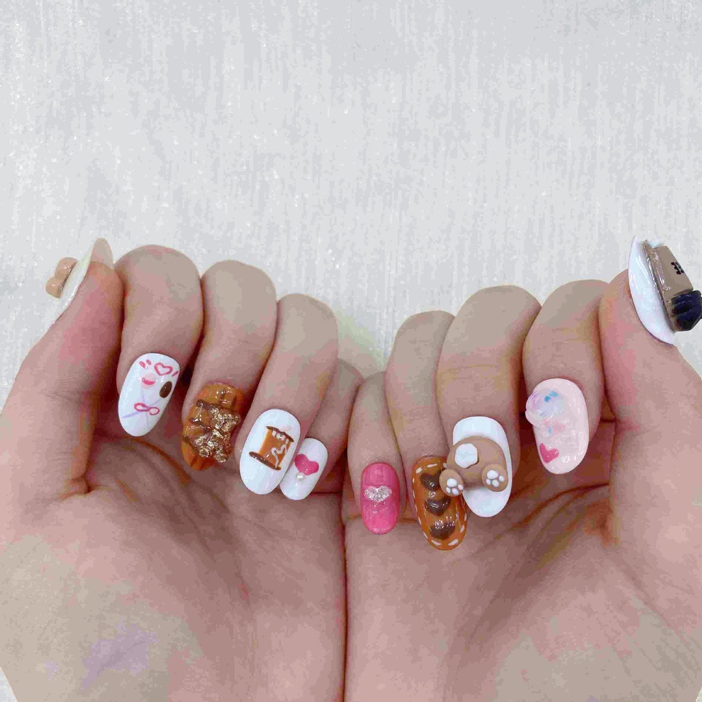 Medium Oval 3D Cute Coffee Bear Series Press-On Nails | Removable and Reusable | Free Tool Kit Included