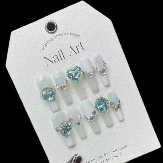 Cool Moonlight Pale Blue Press On Nails | Sea Blue Gradient Diamond Handmade Nails|Free Tool Kit Set Included