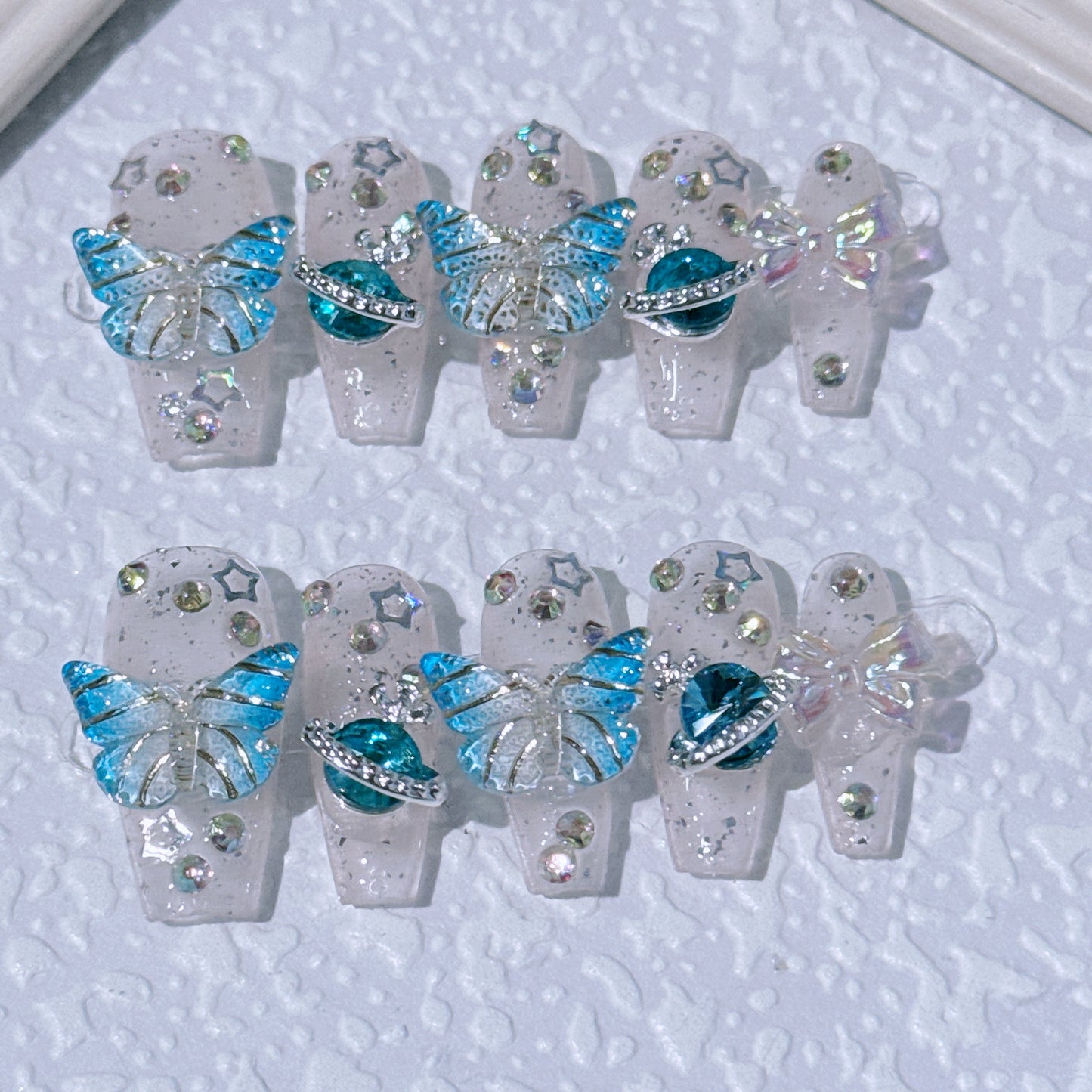 Three-Color Coffin Dreamy Butterfly & Planet Handmade Press-On Nails| 3D Butterfly Aurora Planet Handmade Nails|Free Tool Kit Set Included