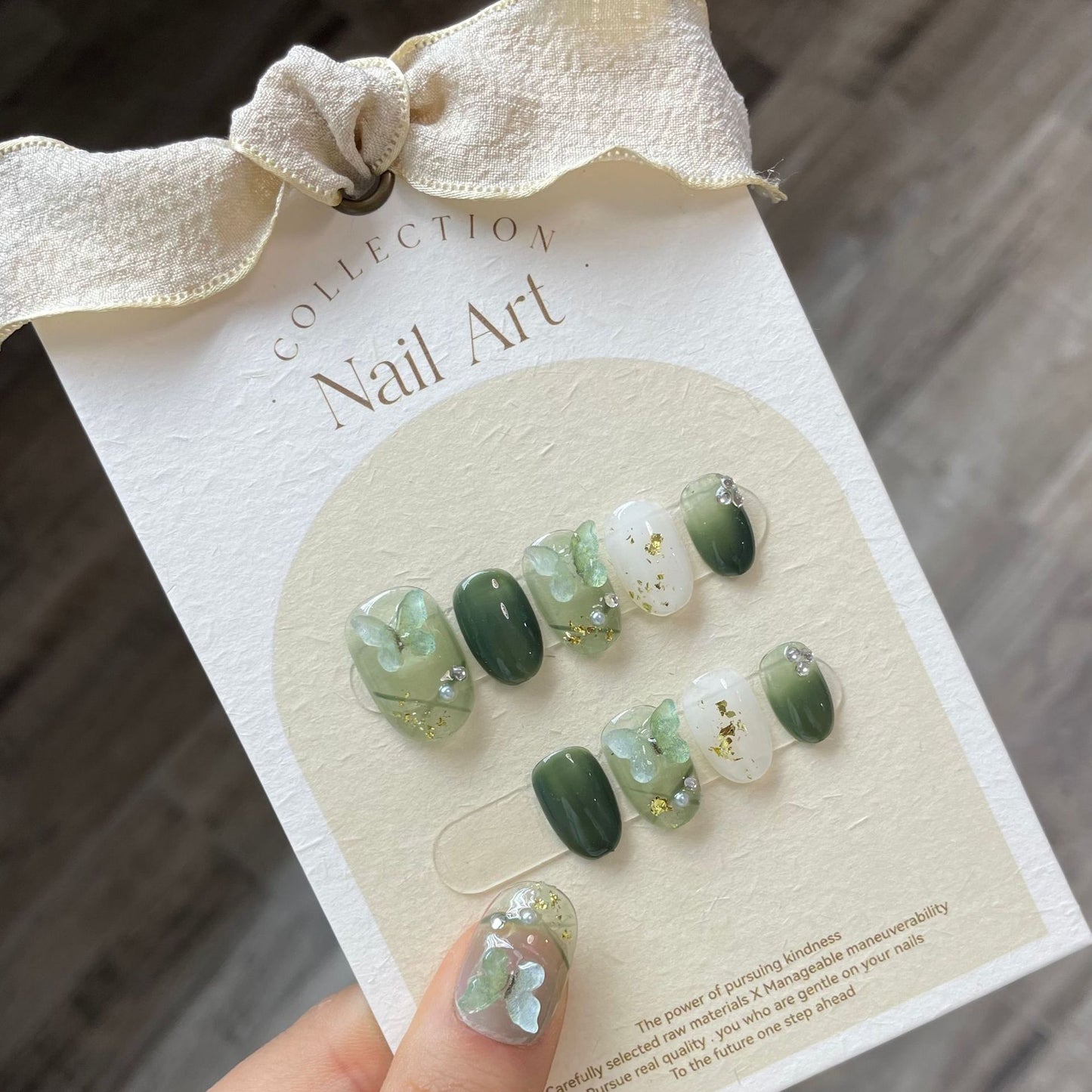 Short Oval Emerald Forest 3D Butterfly Press-On Nails | Removable and Reusable | Free Tool Kit Included