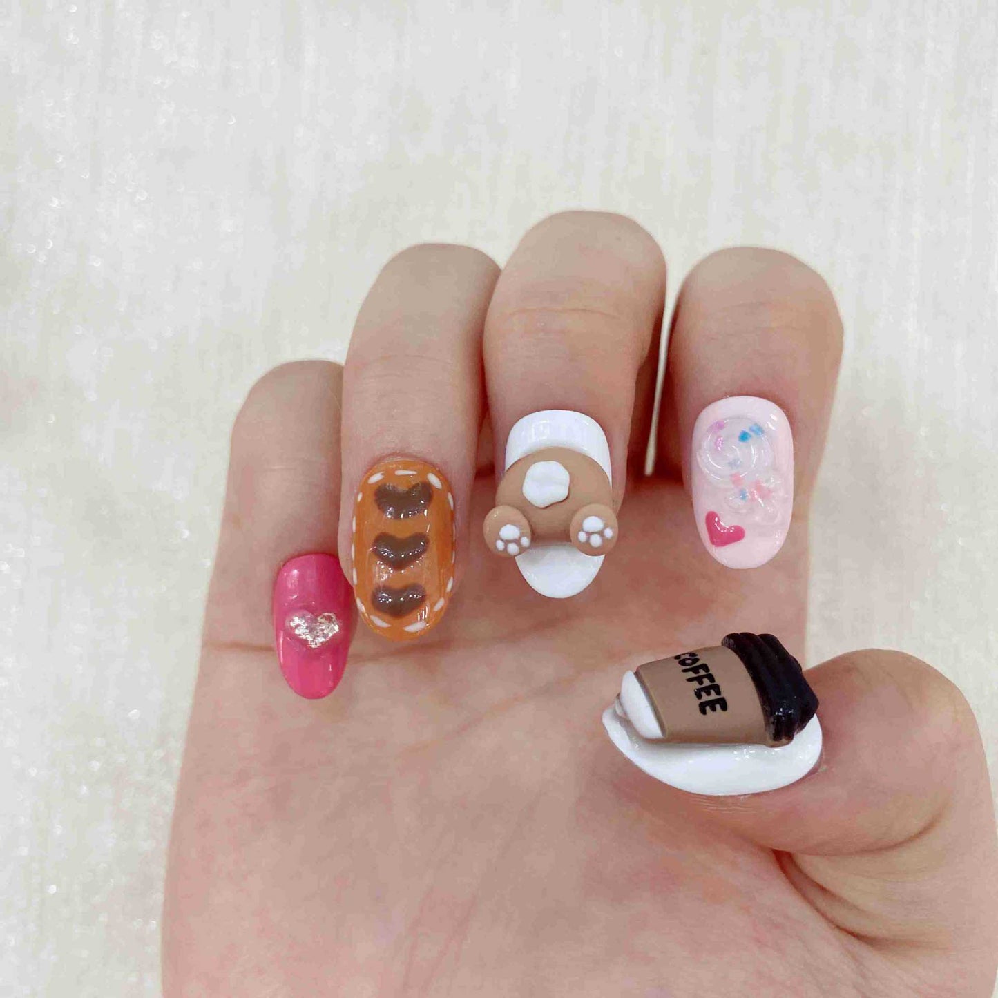 Medium Oval 3D Cute Coffee Bear Series Press-On Nails | Removable and Reusable | Free Tool Kit Included