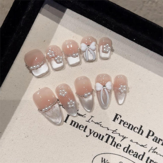 2 Shapes White Cat Eye French Tip & Pearl Bow Handmade Press-On Nails | Detachable and Reusable | Free Tool Kit Included