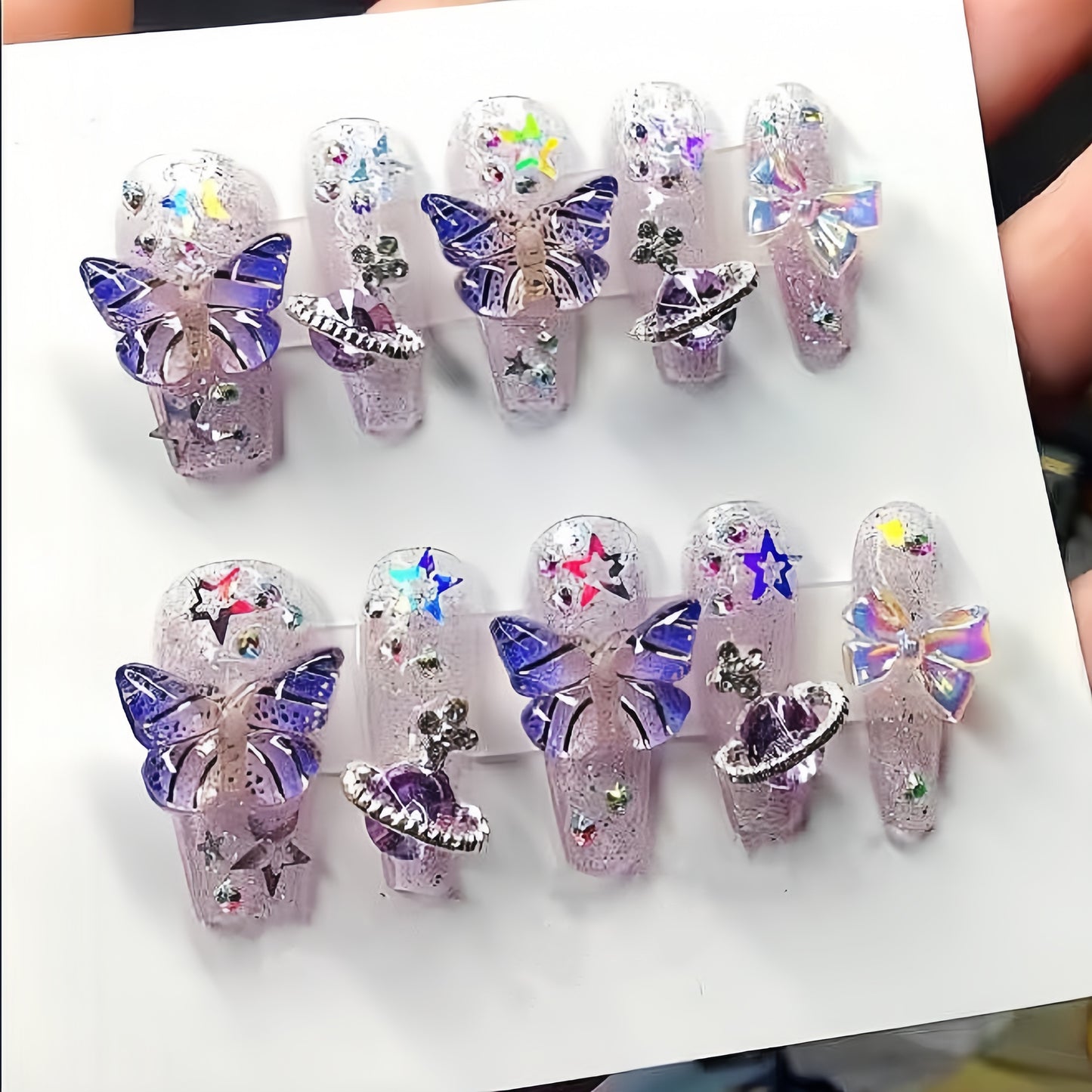 Three-Color Coffin Dreamy Butterfly & Planet Handmade Press-On Nails| 3D Butterfly Aurora Planet Handmade Nails|Free Tool Kit Set Included