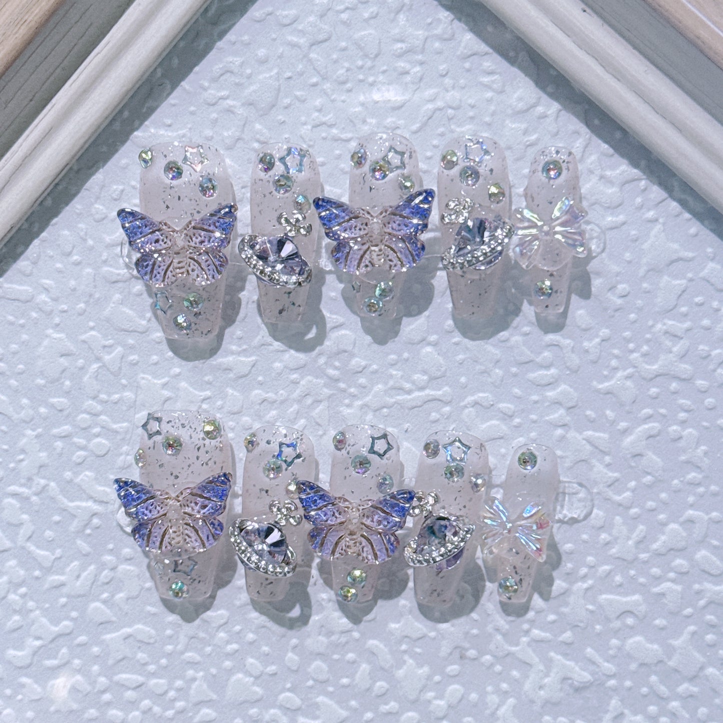 Three-Color Coffin Dreamy Butterfly & Planet Handmade Press-On Nails| 3D Butterfly Aurora Planet Handmade Nails|Free Tool Kit Set Included