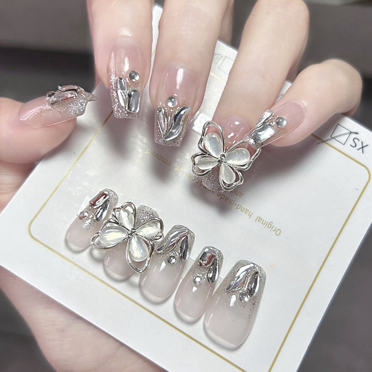 2 Shapes Nude Frech Tip Butterfly Sparkle Handmade Press On Nails | Detachable and Reusable| Free Tool Kit Set Included