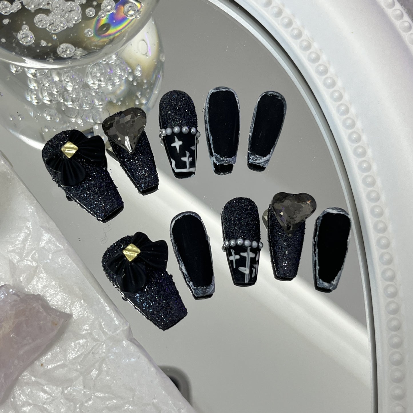 Black Heart Diamond Bow Press On Nails| Perfect for the Elegant and Sophisticated Woman&Girl|Free Tool Kit Set Included
