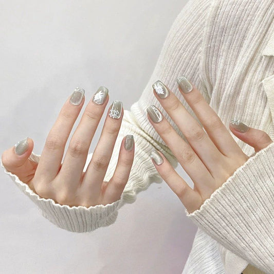 Ultra-Short Square Light Green Cat Eye & Hand-Painted White Florals & Lucky Knot Handmade Press-On Nails| Removable and Reusable | Free Tool Kit Included