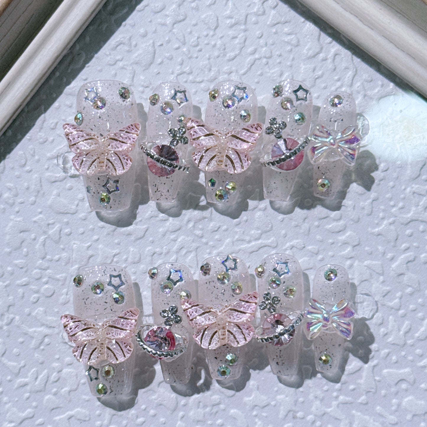 Three-Color Coffin Dreamy Butterfly & Planet Handmade Press-On Nails| 3D Butterfly Aurora Planet Handmade Nails|Free Tool Kit Set Included