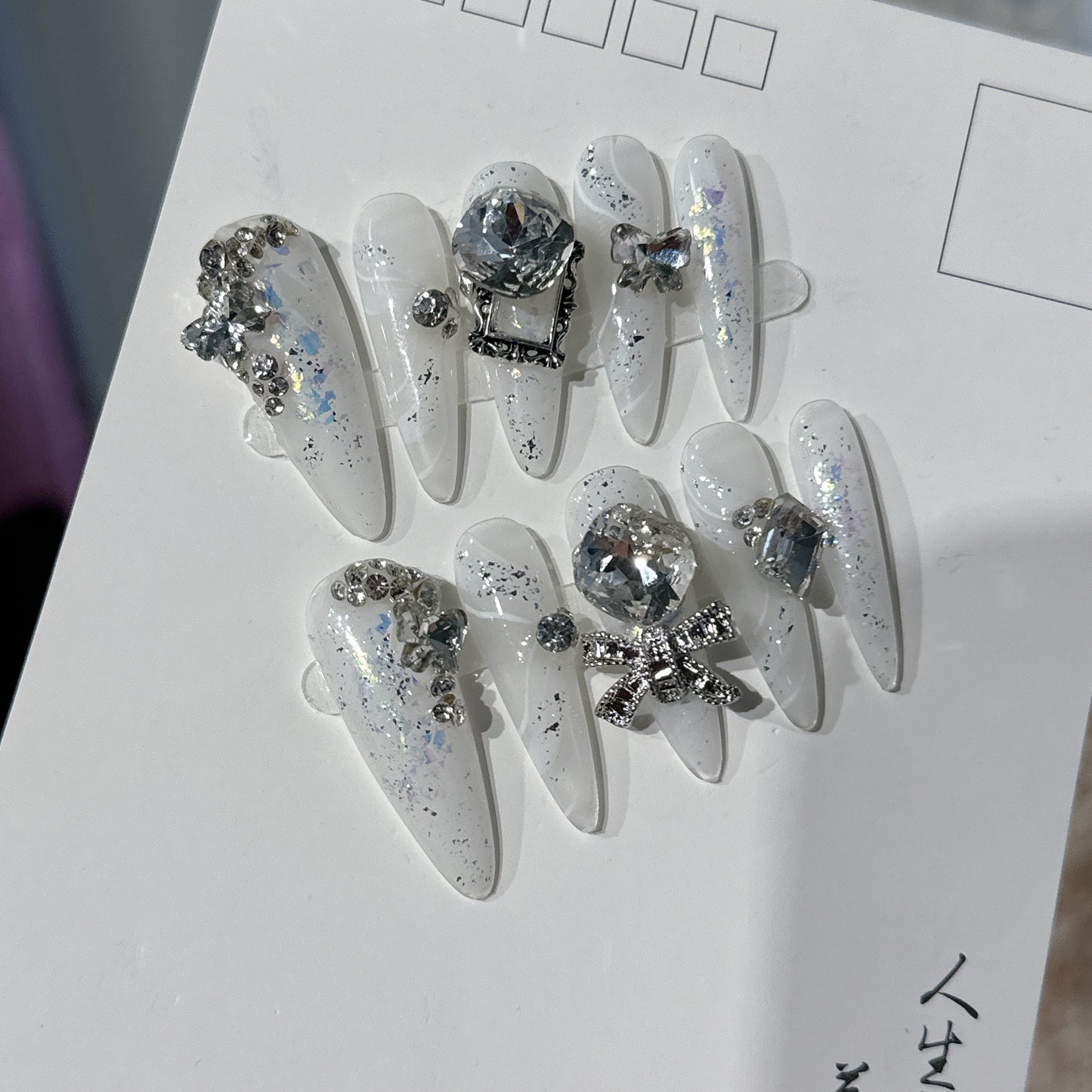 Translucent White Ultra-Sparkling Ribbon Handcrafted Press On Nails | Detachable, Reusable|Free Tool Kit Set Included