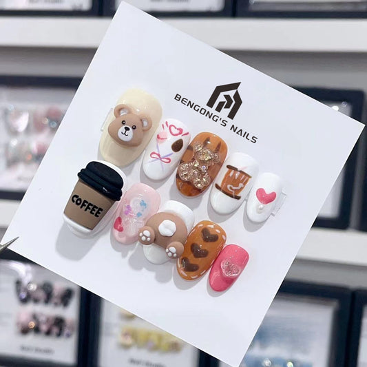 Medium Oval 3D Cute Coffee Bear Series Press-On Nails | Removable and Reusable | Free Tool Kit Included