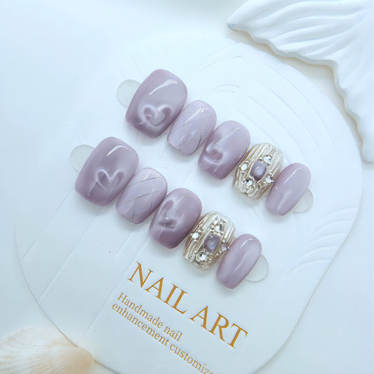 Ultra-Short Square Purple Heart Cat Eye & Buccellati-Inspired Handmade Press-On Nails| Removable and Reusable | Free Tool Kit Included