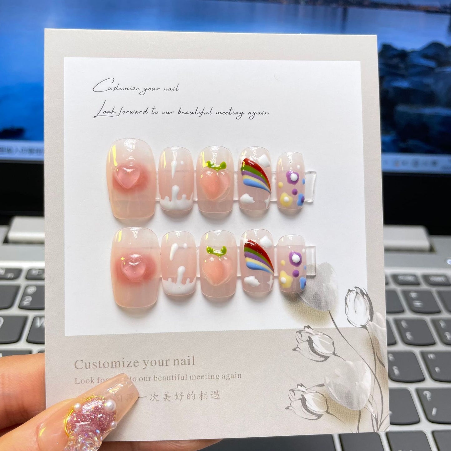Short Square Hand-Painted Rainbow Peach Press On Nails | Cute Cartoon Handmade Nails|Free Tool Kit Set Included