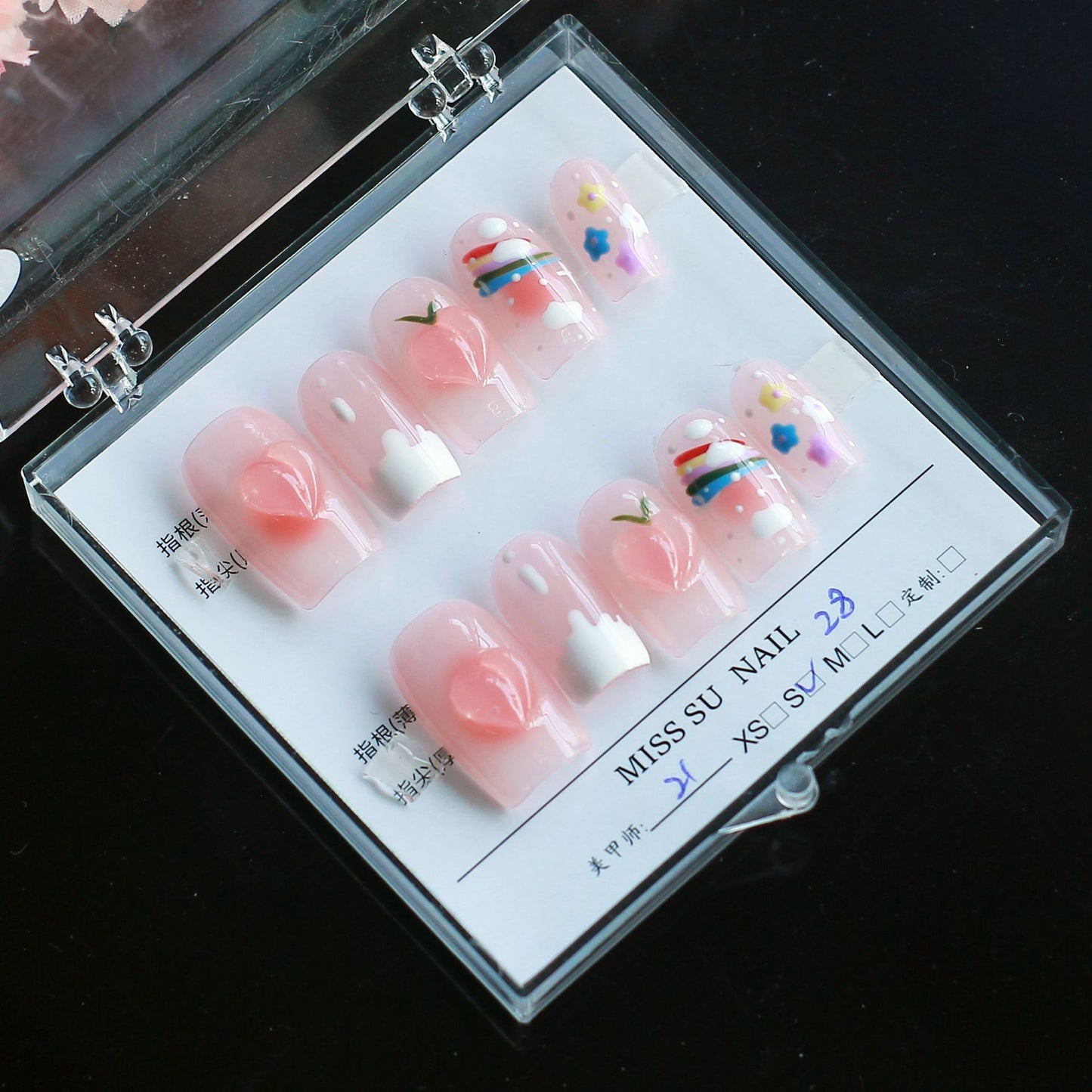 Short Square Hand-Painted Rainbow Peach Press On Nails | Cute Cartoon Handmade Nails|Free Tool Kit Set Included