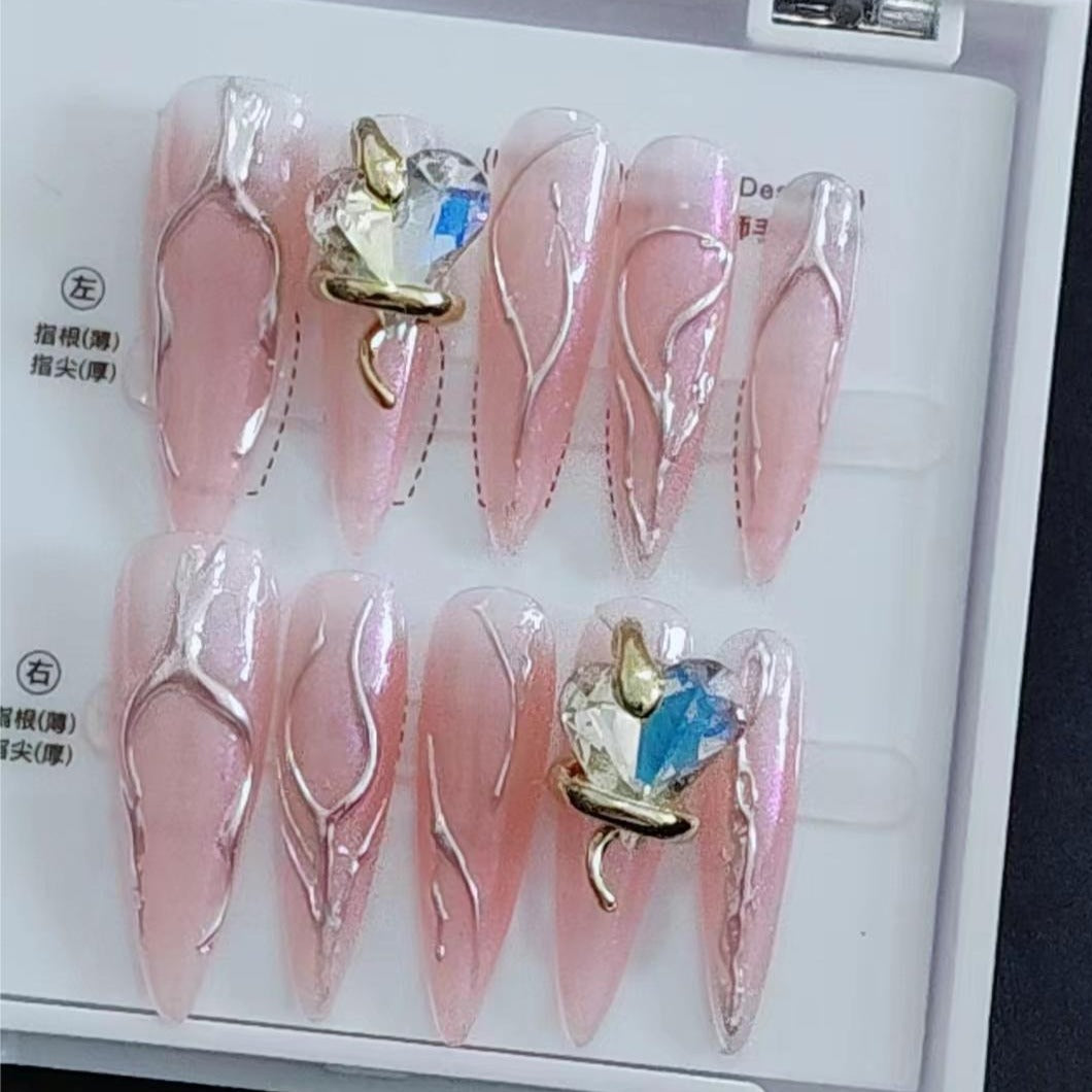 Metallic Magic Mirror Powder 3D Line Press On Nails | Long Pointed Golden Snake Handcrafted Nails|Free Tool Kit Set Included