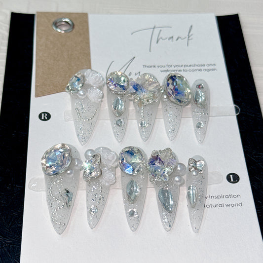 Luxurious Full Rhinestone Elegant Press On Nails|Long Almond Detachable and Reusable Handcrafted Nails|Free Tool Kit Set Included